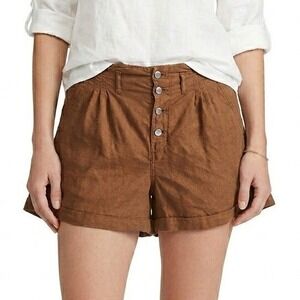 Zara High Waisted Linen Blend Shorts Womens Small Brown Button Fly Casual Summer